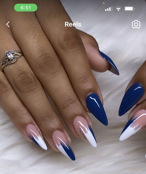 Sky Blue Nail Art Designs, Royal Blue Sns Nails, Navy Blue Nails Almond Shape, Royal Blue Nail Designs Ideas, Blue And Black Nails Designs, Blue Almond Nails Design, Fall Blue Nails, Blue And Black Nails, Blue Almond Nails