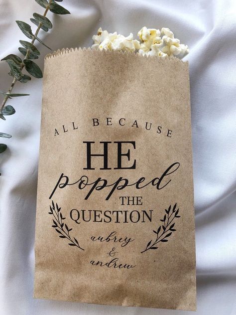 Wedding snacks!  He Popped the Question Popcorn Bags, Wedding Favor Bag, Popcorn Buffet Bags, Personalized Wedding Favor Bags, Snack Bar Buffet Bags He Popped The Question Popcorn, Popped The Question Popcorn, Popcorn Bags Wedding, Popcorn Buffet, He Popped The Question, Bar Buffet, How To Dress For A Wedding, Popped The Question, Popcorn Bags