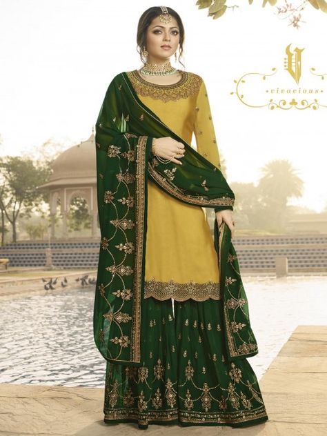 Bollywood diva drashti dhami style yellow embroidered sharara suit online which is crafted from satin georgette fabric with exclusive embroidery and stone work. This designer sharara suit comes with georgette bottom and georgette dupatta. Yellow Sharara Suits, Pakistani Gharara, Yellow Sharara, Georgette Sharara, Gharara Suits, Sharara Designs, Lehenga Suit, Yellow Suit, Gaun Fashion