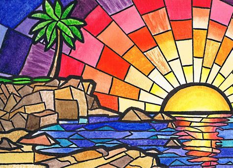 Drawing Sunset, Glass Painting Patterns, Paper Mosaic, Cubism Art, Hawaiian Art, Mosaic Artwork, Art Stained, Stained Glass Designs, Stained Glass Projects