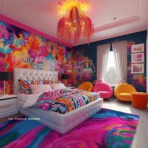 Multicolor Bedroom Ideas, Eccentric Bedroom Aesthetic, Bright Color Bedroom Aesthetic, Bright Color Bedroom Ideas, Bright Color Bedroom, Funky Bedroom, Colorful Rooms, Maximalist Bedroom, Hypebeast Room