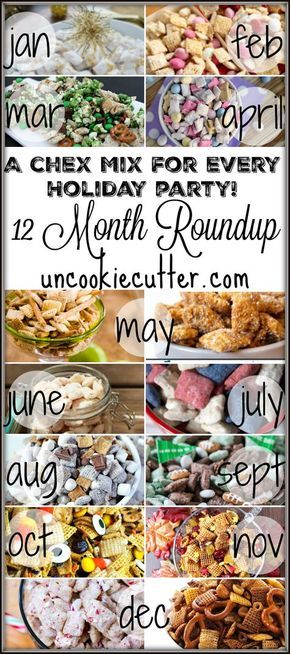 A Chex Mix for every holiday party - a 12 Month Roundup - UncookieCutter.com Party Snacks For Kids, Holiday Party Snacks, Chex Snack Mix, Chex Recipes, Chex Mix Puppy Chow, Puppy Chow Recipes, Trail Mix Recipes, Quick Treats, Chex Mix Recipes