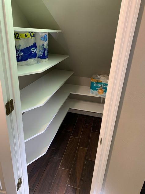 Closet under stairs was a waste of space until we had these shelves installed- Under Stair Closet Storage Ideas, Shelves For Under Stairs Closet, Closets Under Stairs Ideas, Shelves Under The Stairs, Downstairs Cupboard Storage Ideas, Under Stairs Cupboard Shelving, Under Stairs Closet Shelves, Under Stairs Closet Storage Solutions, Shelving Under Stairs