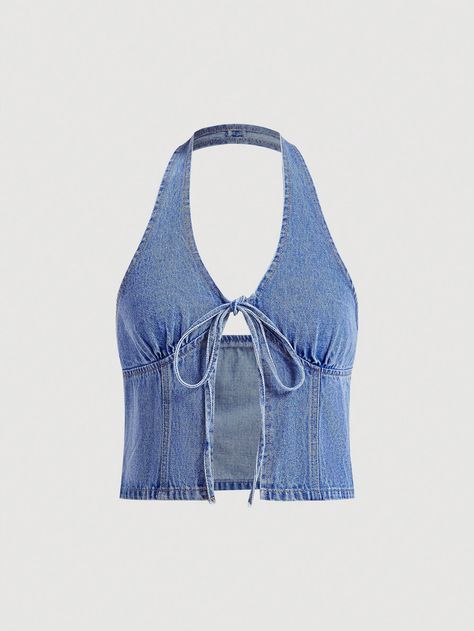 Women's Summer Backless Halter Neck Denim Blouse With Side Slits Light Wash Sexy  Sleeveless Denim Plain Top Non-Stretch  Women Clothing, size features are:Bust: ,Length: ,Sleeve Length: Diy Backless Top, Diy Backless, Denim Halter Top, Women Tie, Cash Envelope, Envelope Wallet, Backless Top, Slim Fit Top, Denim Blouse