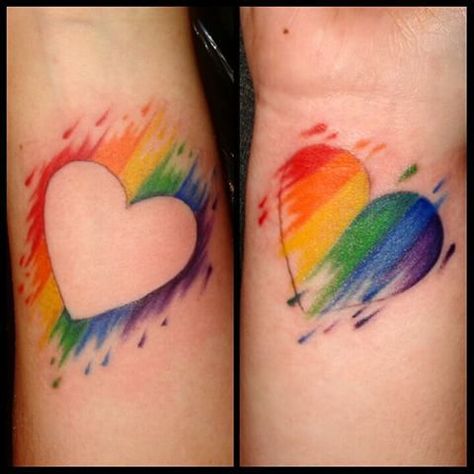 Rainbow Color Tattoo Ideas, Rainbow Heart Tattoo, Gay Pride Tattoos, Niece Tattoo, Watercolor Heart Tattoos, Detailed Tattoos, Pride Ideas, Mother Tattoos For Children, Trio Costumes