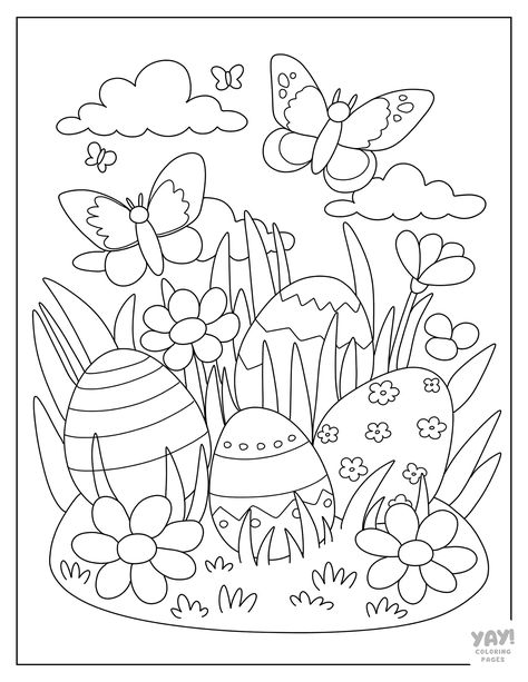 Easter egg hunt with butterflies. Eggs Coloring Pages, Easter Basket Coloring Pages, Happy Spring Coloring Pages, Easter Mandala Coloring Pages, Free Printable Easter Activity Pages, Easter Egg Template, Egg Coloring Page, Easter Egg Coloring Pages, Easter Coloring Pages