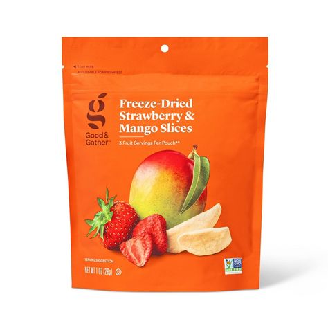 Take a tasty snack with you on the trail with the Freeze-Dried Strawberry & Mango Slices from Good & Gather™. This freeze dried fruit blend contains a tasty mixture of mango and strawberry slices for a sweet, energizing snack that is great for any time of day. The freeze drying process removes the water from the fruit but preserves the flavor and nutritional value, making these real fruit slices perfect for on-the-go snacking and a great addition to your salads or meals. They contain no rtificia Favorite Day Snacks, Healthy Snacks Packaged, Healthy Lunch Foods, Target Snacks, Oven Dried Strawberries, Mango And Strawberry, Mango Slices, Dried Peaches, Healthy Snacks To Buy