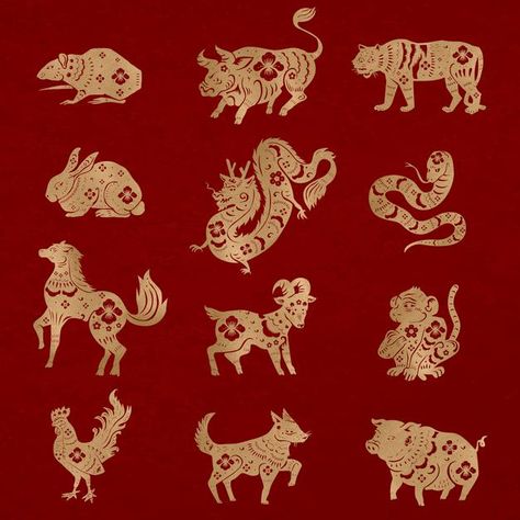 Chinese Zodiac Aesthetic, Chinese New Year Animals, Zodiac Sign Stickers, Animal Zodiac, Rabbit Illustration, Gold Animals, Zodiac Tattoo, Zodiac Signs Dates, Block Craft