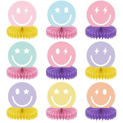 PRICES MAY VARY. Package Quantity: Our product includes 9pcs smile face cards and 18pcs pastel honeycombs. So you will get 9pcs preppy smile face honeycomb balls in 9 designs. Each card pattern is exquisite and can create a very strong atmosphere for smile face themed party decorations. Superior Quality: The size of our preppy honeycomb ball is about 6.2*4.7inches (15.8*12cm). And the smile face cards and honeycombs are made of high-quality material. The card are printed on both sides, durable a Preppy Party Centerpieces, Preppy Party Decorations Ideas, Pink Smiley Party, Smiley Face Centerpieces, Preppy Smiley Face Birthday Party, 10 Is A Vibe Party, Retro Smiley Face Birthday Party, Pink Smiley Face Birthday Party, Smiley Birthday Theme