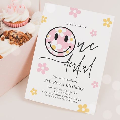 Birthday Smiley, Little Miss Onederful, Smiley Daisy, Invites Template, Miss Onederful, Custom Party Invitations, Kids Birthday Party Invitations, Friends Font, Kids Party Themes