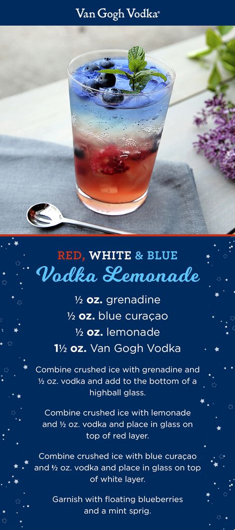 Cheer on the red, white and blue with a Red, White and Blue Vodka Lemonade fit… Red And Blue Cocktails, Red White And Blue Shots, Blue Shots Alcohol, Red White Blue Cocktails, Red White And Blue Drinks Alcohol, Red White And Blue Drinks, Red White And Blue Cocktails, Red White Blue Drink, Vodka Red