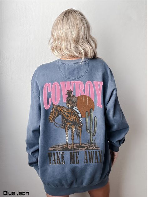 Western Graphic Crewneck Comfort Colors  * Q U I C K * F A C T S * ✺Each sweatshirt comes with a relaxed fit, a rolled-forward shoulder, and a back neck patch. ✺80% ring-spun cotton, 20% polyester ✺ Relaxed fit ✺OEKO-TEX certified low-impact dyes * S I Z I N G * ✺ Models have sized up for an oversized look (see size chart for sizing recommendations) ✺ Sizing is unisex so runs like men's, though not overly large ✺ Size guide listed in the listing photos provides exact measurements * S H I P P I N Western Athletic Wear, Western Athletic Outfits, Hoodie With Patches, 90s Country Fashion Women, Western Crew Neck Top With Screen Print, Western Crewneck, Cowgirl Era Sweatshirt, Western Crew Neck Sweatshirt, Western Graphic Sweatshirt