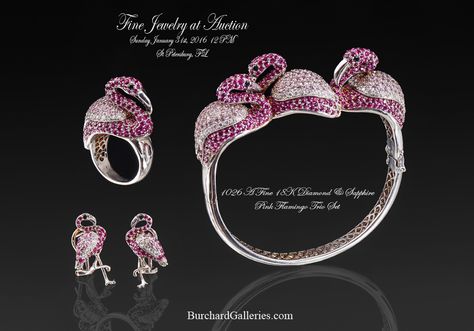 18K DIAMOND AND SAPPHIRE FLAMINGO JEWELRY SUITE: 3 piece suite reminiscent of Van Cleef and Arpel. Sun January 31st, 2016 12 PM Vintage Estate Antiques Fine Art & Jewelry Auction Live and On-Line BurchardGalleries.com Flamingo Jewelry, Antique Vintage Jewelry, Jewelry For Sale, Fine Art Jewelry, Jewelry Auction, 12 Pm, Bracelet Ring, Van Cleef, Pink Flamingos