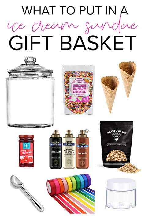 Ice Cream Sundae Gift Basket Ice Cream Sunday Gift Basket Ideas, Ice Cream Sundae Basket Ideas, Ice Cream Theme Gift Basket, Ice Cream Sundae Gift Basket Diy, Ice Cream Sundae Basket, Sundae Gift Basket Ideas, Ice Cream Raffle Basket Ideas, Just Add Ice Cream Gift Basket, Ice Cream Basket Ideas