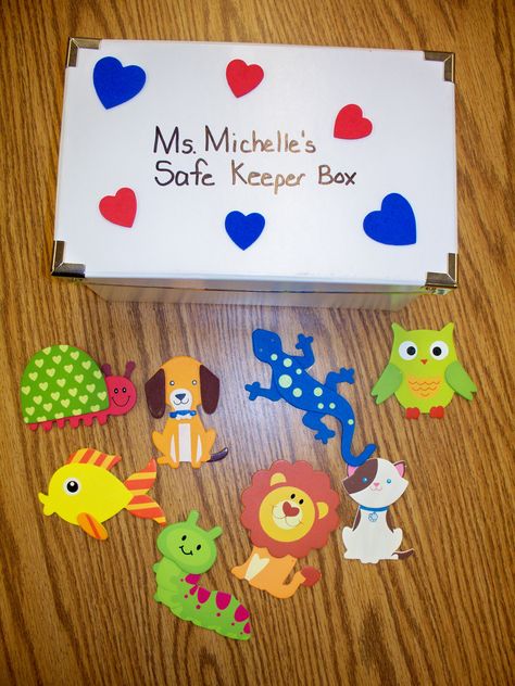 This is my Safe Keeper Box.  The box is from IKEA and the wooden shapes are from Michaels. Safe Choices Preschool, Prek Safe Place, Savor Keepsake Storage, Safekeeper Box Conscious Discipline, Conscious Discipline Safe Place, Teaching Strategies Gold, Early Childhood Education Classroom, Head Start Classroom, Preschool Behavior