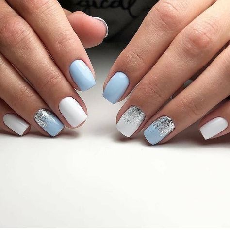 Glitter Gel Nail Designs, Blue Matte Nails, Blue And Silver Nails, Blue Nail Art Designs, Silver Nail Designs, Blue And White Nails, Blue Gel Nails, White And Silver Nails, Spring Acrylic Nails