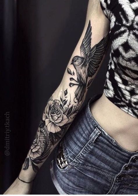 Raven Tattoo Upper Arm, Inside Arm Sleeve Tattoos For Women, Delicate Raven Tattoo, Inside Arm Sleeve Tattoo, Inside Arm Tattoos For Women Sleeve, Bird Sleeve Tattoo Women, Memorial Sleeve Tattoos For Women, Bird Tattoos For Women, Feminine Tattoo Sleeves