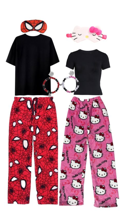 Hello Kitty Pajama Pants, Hello Kitty Pattern, Kitty Pattern, Matching Outfits Best Friend, Matching Fits, Matching Pjs, Cute Hello Kitty, Matching Clothes, Matching Couple Outfits