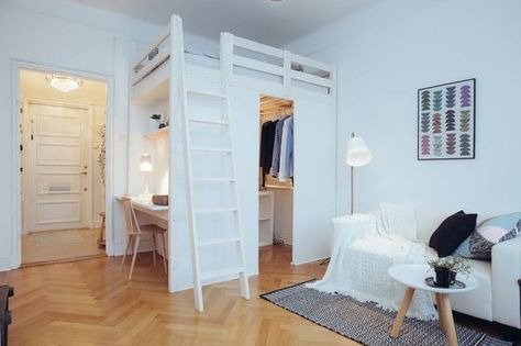 Studio apartment with loft bed and clever storage | STUDIO & LOFT ... Studio Apartment With Loft, Bed Studio Apartment, Loft Bed Studio, Apartment With Loft, Loft Bed Studio Apartment, Studio Apartment Bed, Apartment Bed, Loft Beds For Teens, Bed Loft