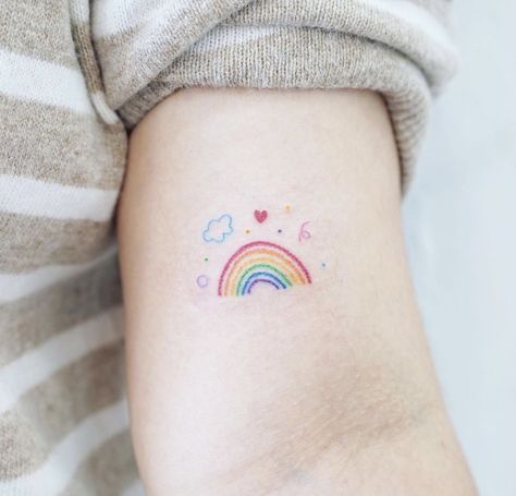 Tiny Tattoos Color, Cute Rainbow Tattoo, Dainty Rainbow Tattoo, Mini Rainbow Tattoo, Small Coloured Tattoos, Rainbow Baby Tattoo Ideas, Simple Rainbow Tattoo, Tiny Colorful Tattoos, Small Colorful Tattoos For Women