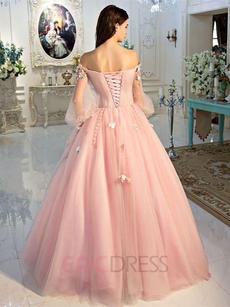 Ericdress Off-the-Shoulder Ball Gown Long Sleeves Beading Pleats Quinceanera… Pink Ball Dresses, Fairy Prom Dress, Quinceanera Dresses Pink, Long Sleeve Ball Gowns, Pink Ball Gown, Floral Prom Dresses, Long Sleeve Prom, Prom Dresses Two Piece, Pearl Pink