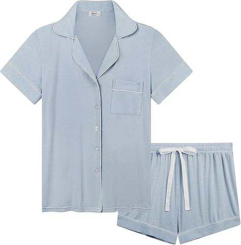 Joyaria Ladies Short Sleeve Pajama Sets Button Down Pj Shorts Set Viscose Made From Bamboo(Dusty Blue,Small) at Amazon Women’s Clothing store Button Up Pajamas, Summer Sleepwear, Womens Pajama Shorts, Comfortable Pajamas, Bamboo Pajamas, Short Pj Set, Button Down Short Sleeve, Soft Pajamas, Nice Shorts