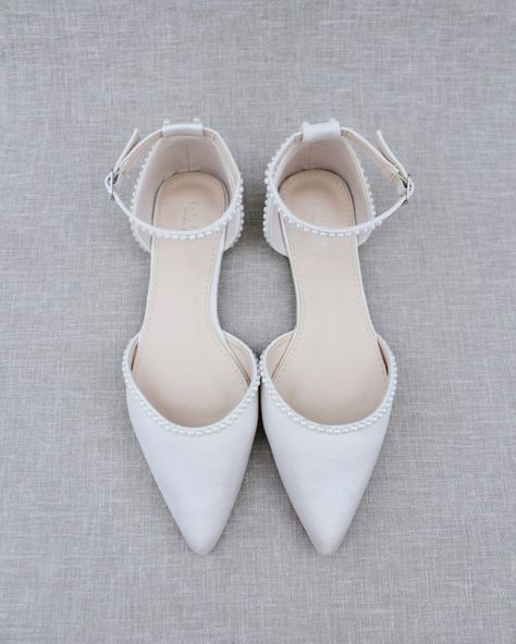 White Satin Pointy Toe Flats with Mini Pearls, Wedding Shoes Bridesmaid Shoes Flats, Simple Wedding Shoes Flats, Flat Bridal Shoes Pearls, Pearl White Pointed Toe Wedding Shoes For Party, Pearl Wedding Shoes Flats, Elegant White Pointed Toe Flats For Wedding, Flat Wedding Shoes For Bride, Bridesmaid Shoes Flat, White Pointed Toe Wedding Shoes With 4-inch Heel