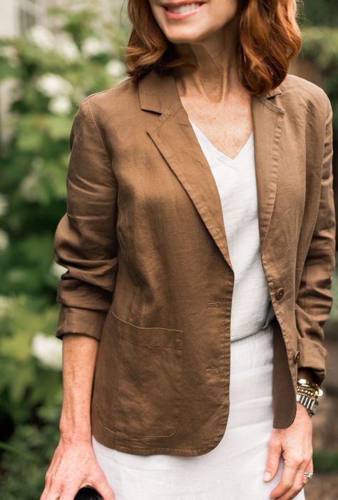 Brown linen jacket with white linen skirt from Eileen Fisher at Bloomingdale's Linen Jacket Outfit, Dress With Jacket Outfit, Linen Blazer Outfit, Linen Jackets Women, Linen Outer, White Linen Skirt, Jacket Outfit Women, Model Pics, Fashion Top Outfits