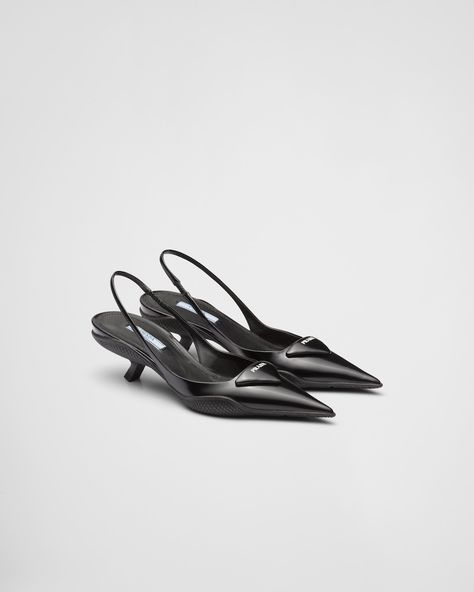 Black Brushed leather slingback pumps | Prada Prada Collection, Mens Travel, Optical Lens, Slingback Shoes, Triangle Logo, Fine Jewelry Collection, Prada Shoes, Dream Shoes, Slingback Pump