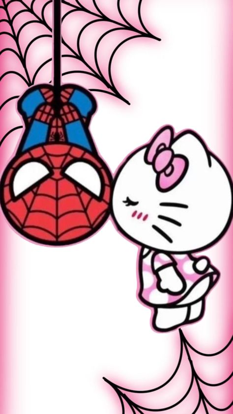 Spiderman Valentines, Hello Kitty X Spiderman, Spiderman And Hello Kitty, Spiderman Hello Kitty, Spiderman Painting, Diy Hello Kitty, Hello Kitty Imagenes, Pink Hello Kitty, Hello Kitty Wallpaper