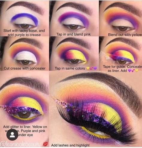 Makeup Pictorial Step By Step, Crazy Eye Makeup, Makeup Collage, Makeup Tips Eyeshadow, Rainbow Eye Makeup, Ball Makeup, Makeup Pictorial, Beginners Eye Makeup, Purple Eye Makeup