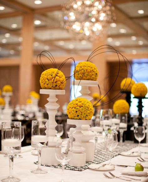 Spheres & pillars Pomander Centerpiece, Masquerade Gala, Spring Wedding Centerpieces, Yellow Centerpieces, Holi Party, Flower Balls, Parker Palm Springs, Modern Centerpieces, Yellow Bouquets