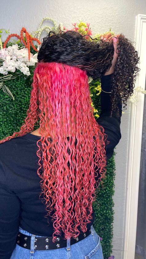 I Best Color To Dye Black Hair, Color Streaks In Curly Hair, Curly Hair Pink Underneath, Temporary Hair Dye For Curly Hair, Pink Peekaboo Hair Curly, Peekaboo Curly Hair Color, Long Pink Curly Hair, Pink And Black Hair Curly, Peekaboo Dyed Curly Hair