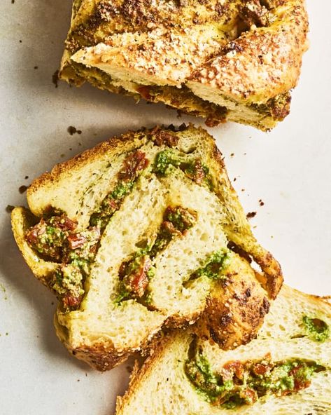 Savory Babka with Pesto, Ricotta, and Sun-Dried Tomato | Kitchn Savory Babka, Pesto Ricotta, Babka Bread, Pesto Cheese, Babka Recipe, Road Trip Food, Chocolate Babka, Chocolate Swirl, Baking Project