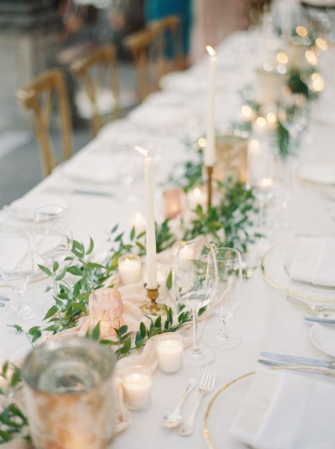 charming simple greenery and blush candle and fabric tablecloth decorated wedding table setting ideas #PinkWeddingIdeas Greenery Wedding Centerpieces, Wedding Candles Table, Rustic Glam Wedding, Sweet 17, Wedding Table Designs, Rustic Wedding Decorations, Mediterranean Wedding, Tafel Decor, 2025 Wedding