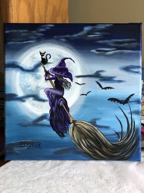 Halloween Witch Painting Ideas, Halloween Painting Witches, Witch Painting Ideas Easy, Halloween Paint Night, Witch Painting Ideas On Canvas, Witch Canvas Painting, Halloween Watercolor Art, Halloween Night Sky Painting, Ghost Paintings