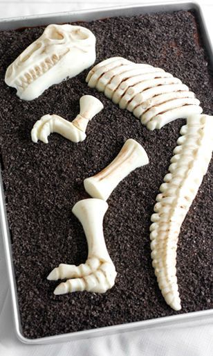 Dino Dirt Cake, Dino Bones Cake, Dinosaur Dig Cake Fossil, Fossil Cake Ideas, Dinosaur Bones Cake, Dinosaur Fossil Cake, Paleontology Party, Sheet Cake Chocolate, Fossil Cake