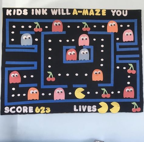 Fun pacman themed bulletin board! #bulletin #bulletinboardideas #bulletinboard Kids Sink, Construction Paper Art, Kitty Party Themes, Art Bulletin Boards, Artsy Crafts, Bulletin Boards Classroom Decor, Kid Ink, Mens Birthday Party, Classroom Bulletin Boards