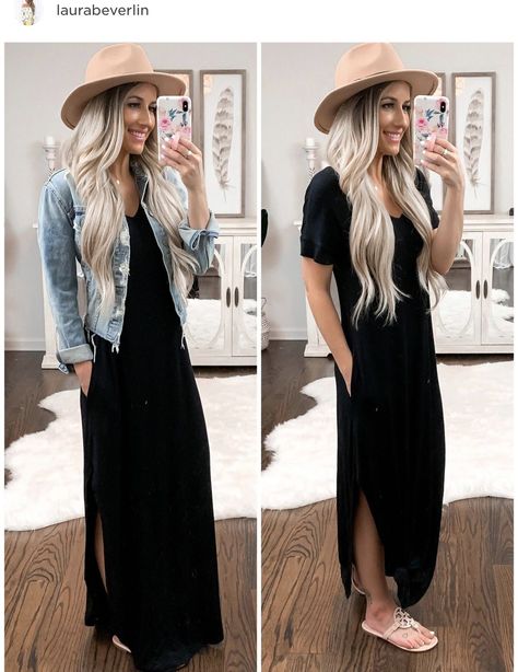 d961e9f236177d65d21100592edb0769desc50919313ri Casual Dress With Sandals, Outfit Ideas With Hats Winter, Hats With Dresses Outfits, Casual Black Maxi Dress, Maxi Dress Denim Jacket Outfit, Casual Black Maxi Dress Outfit, Casual Horse Race Outfit, Casual Mid Size Summer Outfits, Black Maxi Dress Outfit Ideas Summer