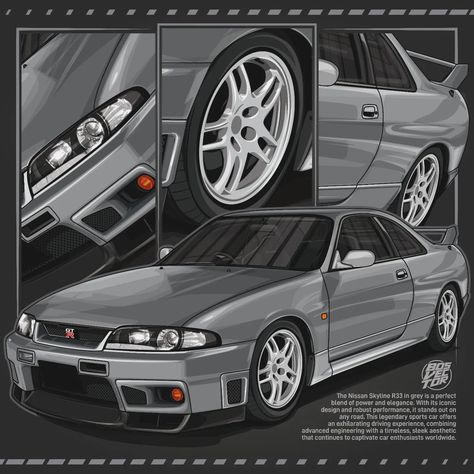 Unleash the legend. The Nissan Skyline R33 in grey is a timeless icon of performance and style. The Nissan Skyline R33 Draw by @‌bosvector _ If you are interested you can send to Email or DM. #nissan #nismo #nissanskylinegtr #skylinegtrr33 #r33gtr #r33nation #r33fanpage #vspec #vspechub #skyline #jdmstance #skylinegtr #jdmculture #carsofinstagram #gtrnation #r35nation #stancenation #Godzillagtr #turbo #skylinenation #r33skyline R33 Gtr, Nissan Skyline R33, Nissan Car, Skyline R33, Nissan Nismo, Sport Poster Design, Racing Car Design, Nissan Gtr Skyline, Stock Car Racing