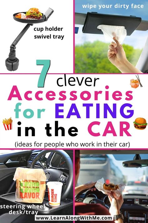 7 accessories for eating in the car for people that have to take lunch or other meals in their car.  This is usually for people that work out of their vehicles like delivery drivers and trades people, but it is also good for moms and dads that have to drive their kids to and from school and sporting events, clubs, etc...

The items on this list mean you don't have to slop ketchup all over your car and lap. (Well you still might.) Cooking In Your Car, Lunch For Truck Drivers, Car Lunch Ideas, Car Snack Organizer, Semi Truck Storage Ideas, Snacks For Traveling In The Car, Truck Driver Organization Ideas, Semi Truck Organization Ideas, Truck Driver Meals