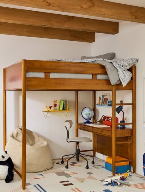 Mid Century Bunk Beds, Bunk Beds Desk Underneath, Loft Bed Wood, Teen Boy Bedroom Loft Bed, Loft Bed Kids Room, Steiner Playroom, Bunk Bed Desk, Boys Beds, Double Loft Beds