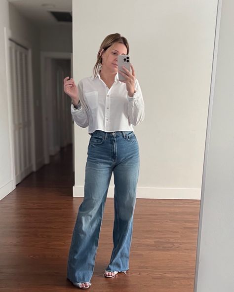 White shirt + blue jeans curated by the styled stories on LTK Cropped White Button Down Shirt, White Cropped Shirt Outfit, Shirt Target, White Tops Outfit, Silver Strappy Sandals, Cropped Button Up Shirt, High Waisted Wide Leg Jeans, Wide Leg Jeans Outfit, Legs Outfit