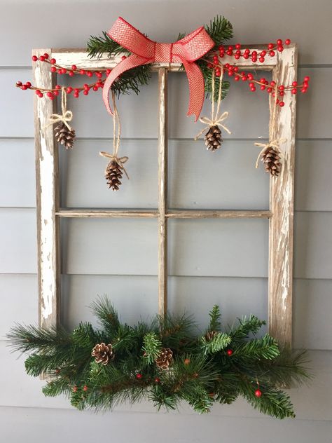 Window Pane Christmas Decor, Old Windows Decorated For Christmas, Old Window Projects Christmas, Window Frame Decor Ideas, Valentine Wreath Ideas, Repurpose Old Windows, Window Frame Decor, Valentine's Wreath, Winter Door Decorations