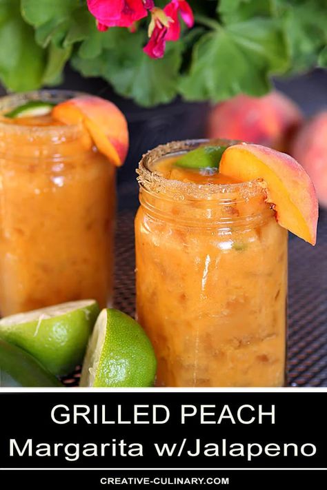 For this Grilled Peach Margarita with Jalapeno, the sweetest of summer peaches are met with a touch of heat from jalapeno and it's simply perfection! Peach Jalapeno Margarita, Peach Margarita Recipes, Friday Cocktails, Brown Sugar Simple Syrup, Beer Margarita, Fresh Peach Pie, Culinary Food, Peach Margarita, Peach Drinks