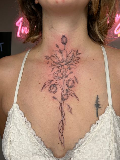 Line Chest Tattoo, Fine Line Chest Tattoo, Floral Chest Piece, Women Chest Tattoo, Chest Tattoos For Women, Chest Piece, Fine Line Tattoos, Line Tattoos, Chest Tattoo