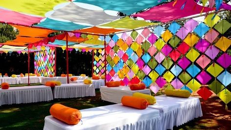 Wedding Ideas from WedMeGood Gallery Holi Theme Decoration Ideas, Bhogi Decoration Ideas, Kites Backdrop, Kite Festival Decoration Ideas, Grahshanti Decor, Holi Party Decoration Decorating Ideas, Holi Party Decor, Lohri Party Decor, Holi Decorations Ideas