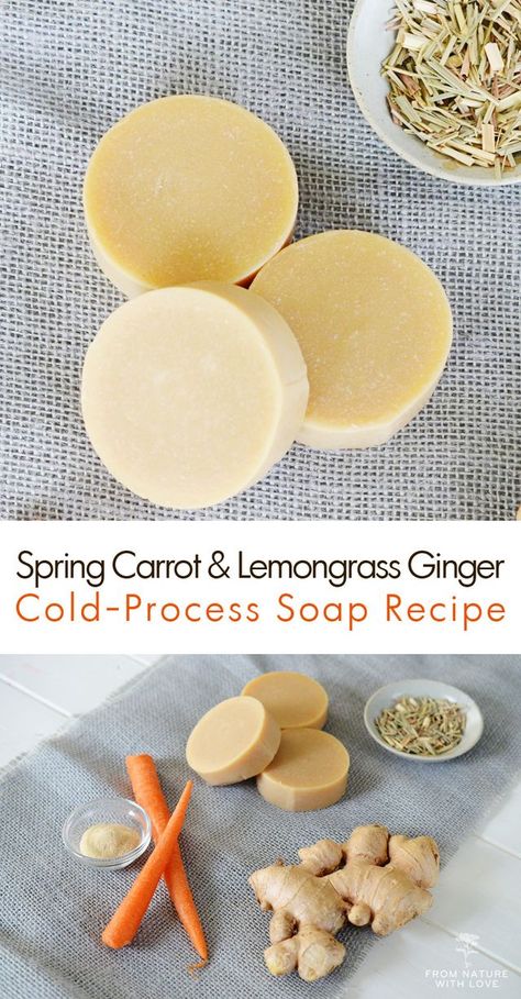 Our resident soaper, Kelly, developed this recipe when we requested a seasonal soap that would celebrate Spring. This brightly scented soap is bursting with spicy ginger and sweet lemongrass, making i Carrot Soap Recipe, Natural Soap Making Recipes, Ginger Soap, Beauty Workshop, Carrot Soap, Savon Diy, Săpunuri Handmade, Cold Process Soap Recipes, Soap Making Recipes