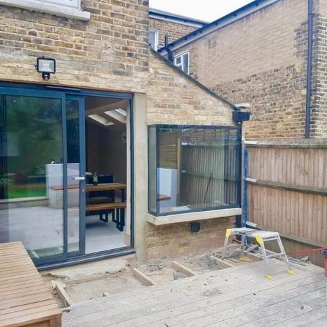 Frameless Glass Window Seats and Vertical Frameless Glass Windows · 1st Folding Sliding Doors Narrow Conservatory, Glass Roofs, Frameless Window, Folding Sliding Doors, Window Remodel, Flat Roof Extension, Open Plan Living And Dining, Sliding Folding Doors, Victoria House