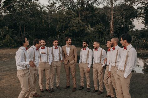 Groomsmen Terracotta Tie, Rustic Orange Wedding Groomsmen, Khaki Suspenders Groomsmen, Tan Suits With Burnt Orange, Tan And Terracotta Groomsmen, Groomsmen Attire Burnt Orange, Terracotta Bridal Party, Rustic Groomsmen Attire, Groomsmen Vest